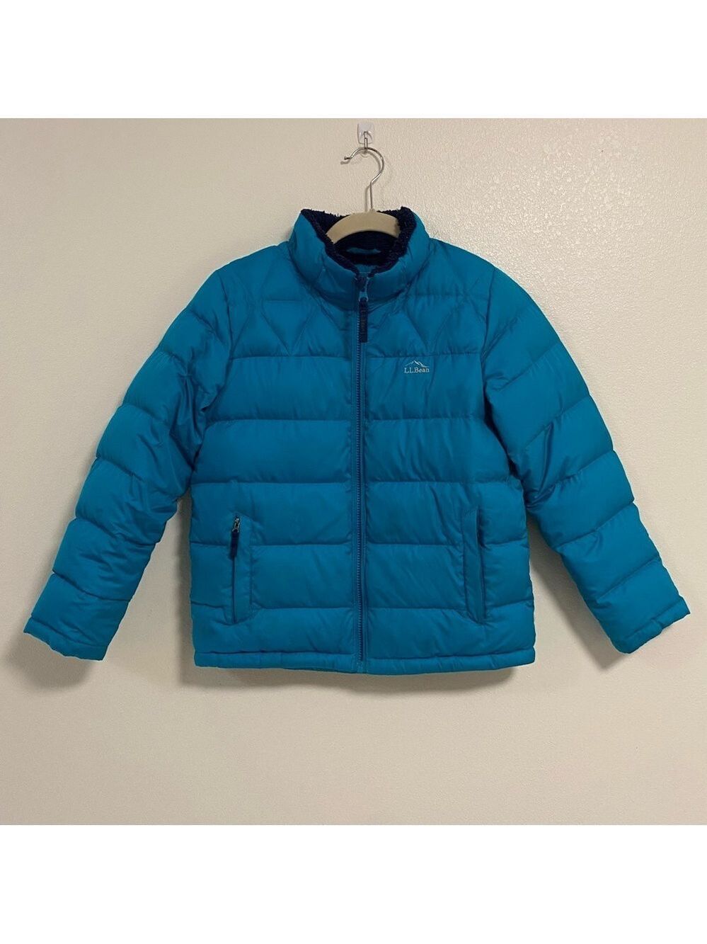 L.L. Bean Jacket Kids Size Medium Aqua Blue Down Puffer Jacket Fleece lined